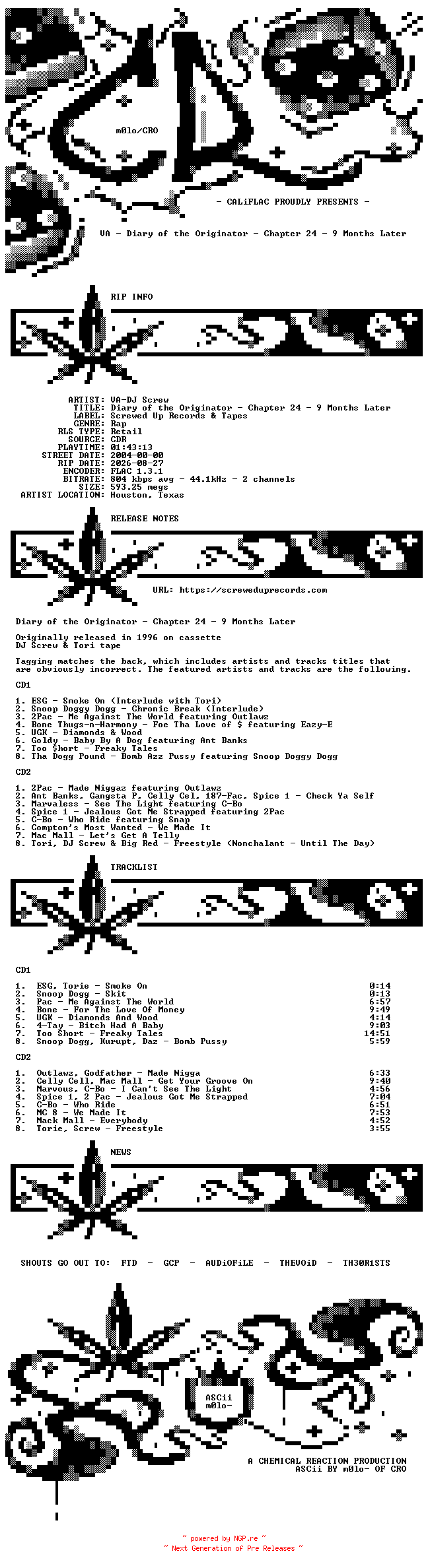 NFO for the release VA-DJ_Screw-Diary_Of_The_Originator_Chapter_24-9_Months_Later-Reissue-2CDR-FLAC-2004-CALiFLAC by CALiFLAC