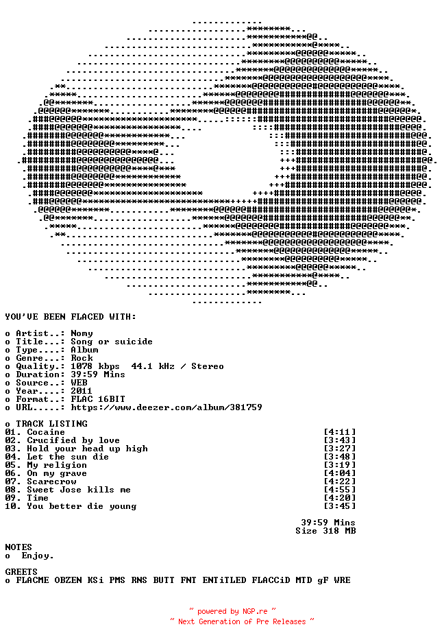 NFO for the release Nomy-Song_or_suicide-16BIT-WEB-FLAC-2011-FLACED by FLACED