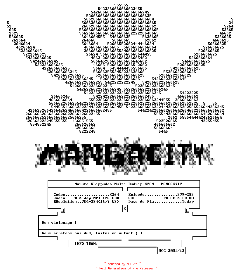 NFO for the release Naruto.Shippuden.Vol65.Multi.Dvdrip.X264-MANGACiTY by MANGACiTY