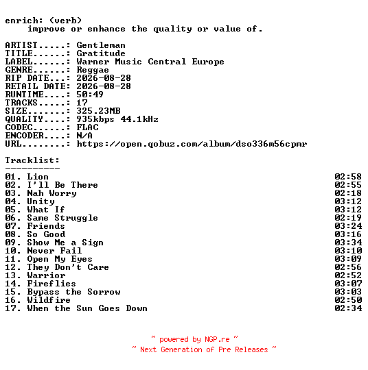 NFO for the release Gentleman-Gratitude-16BIT-WEB-FLAC-2026-ENRiCH by ENRiCH