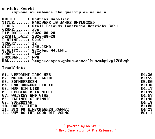 NFO for the release Andreas_Gabalier-HANDWERK_10_JAHRE_UNPLUGGED-DE-16BIT-WEB-FLAC-2026-ENRiCH by ENRiCH