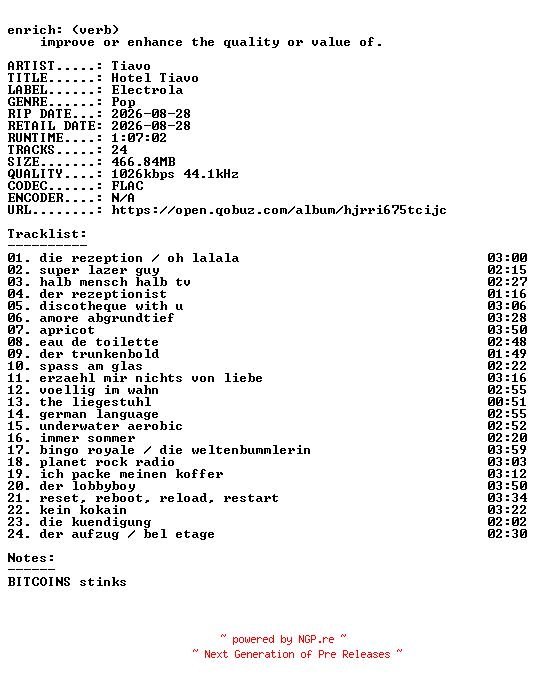 NFO for the release Tiavo-Hotel_Tiavo-DE-16BIT-WEB-FLAC-2026-ENRiCH by ENRiCH