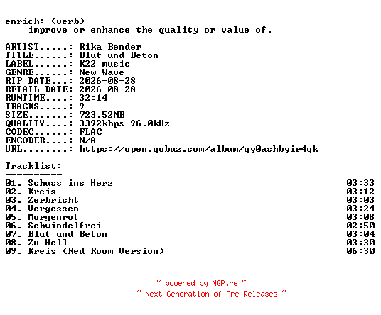 NFO for the release Rika_Bender-Blut_und_Beton-DE-24BIT-WEB-FLAC-2026-ENRiCH by ENRiCH