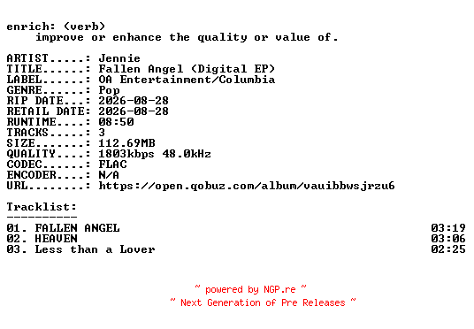 NFO for the release Jennie-Fallen_Angel_(Digital_EP)-24BIT-WEB-FLAC-2026-ENRiCH by ENRiCH