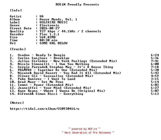 NFO for the release VA-House_Moods_Vol._1-16BIT-WEB-FLAC-2026-ROSiN by ROSiN