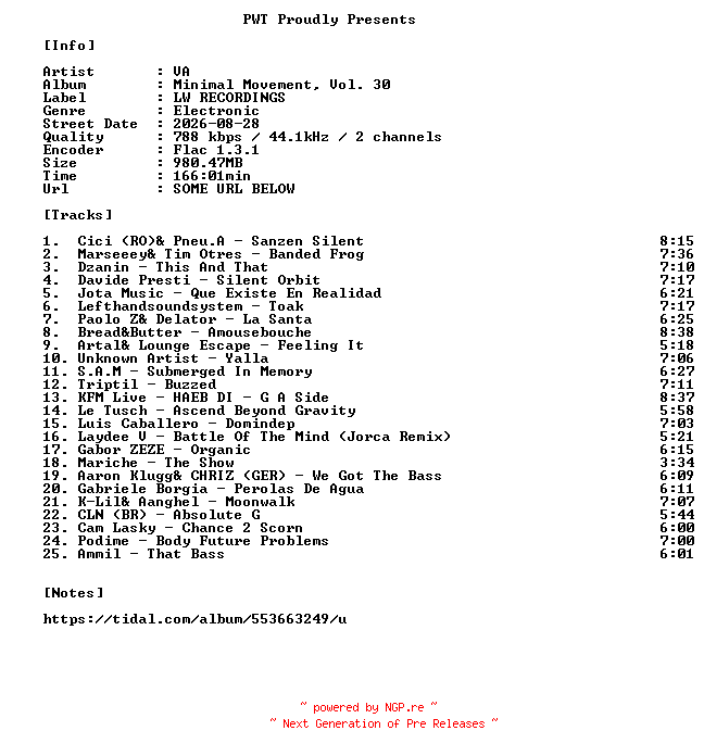 NFO for the release VA-Minimal_Movement_Vol._30-16BIT-WEB-FLAC-2026-PWT by PWT