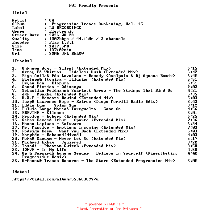 NFO for the release VA-Progressive_Trance_Awakening_Vol._15-16BIT-WEB-FLAC-2026-PWT by PWT