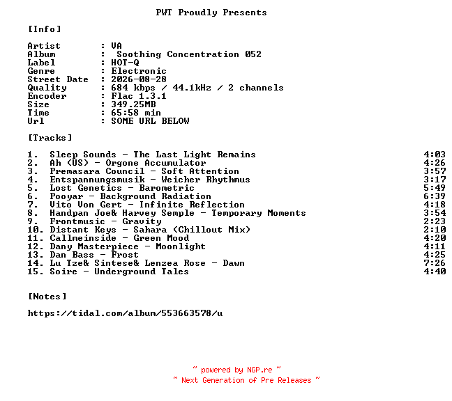 NFO for the release VA-Soothing_Concentration_052-16BIT-WEB-FLAC-2026-PWT by PWT