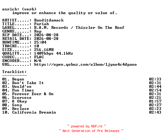 NFO for the release Banditdamack-Pariah-24BIT-WEB-FLAC-2026-ENRiCH by ENRiCH