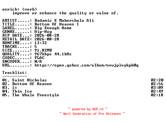 NFO for the release Radamiz_X_Mahershala_Ali-Bottom_Of_Heaven_I-EP-16BIT-WEB-FLAC-2026-ENRiCH by ENRiCH