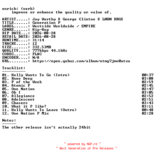 NFO for the release Jay_Worthy_X_George_Clinton_X_LNDN_DRGS-Generation_P-24BIT-WEB-FLAC-2026-ENRiCH by ENRiCH