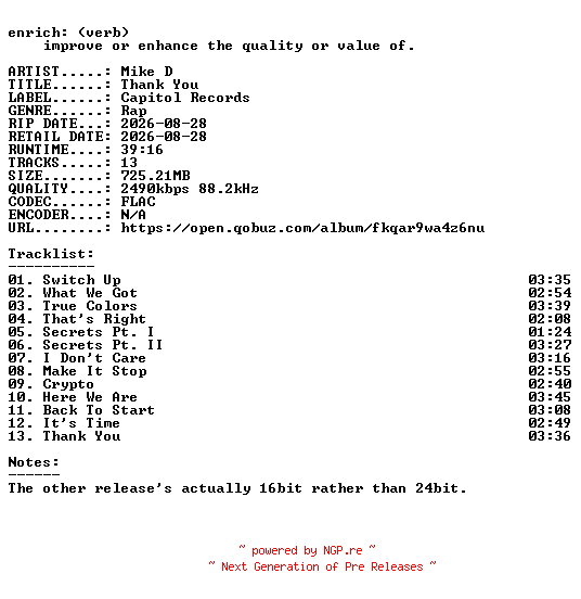 NFO for the release Mike_D-Thank_You-24BIT-WEB-FLAC-2026-ENRiCH by ENRiCH