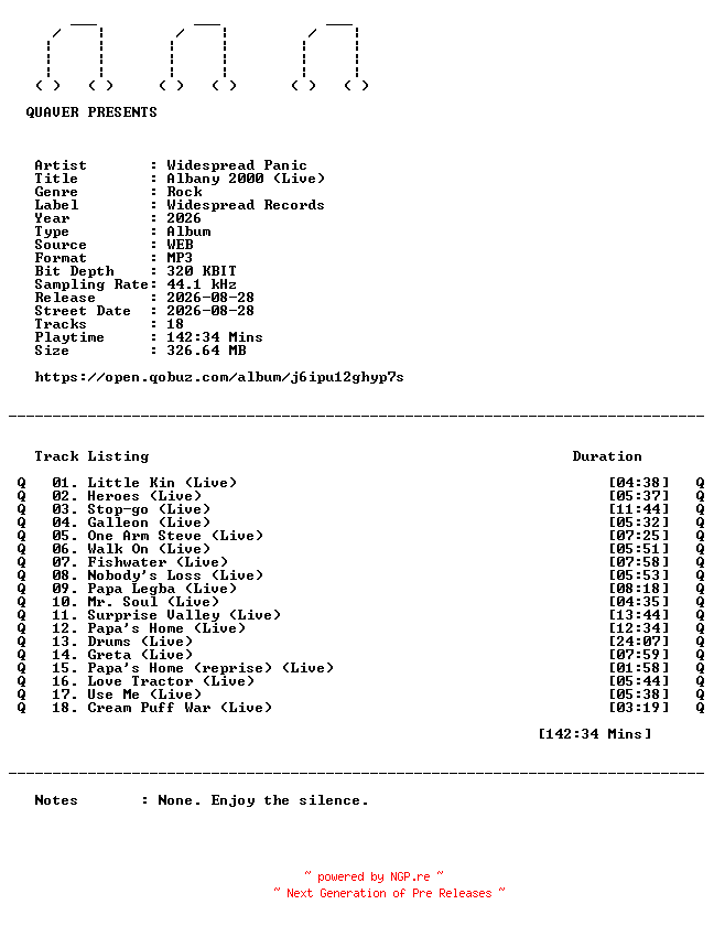 NFO for the release Widespread_Panic-Albany_2000_(Live)-WEB-2026-QUAVER by QUAVER