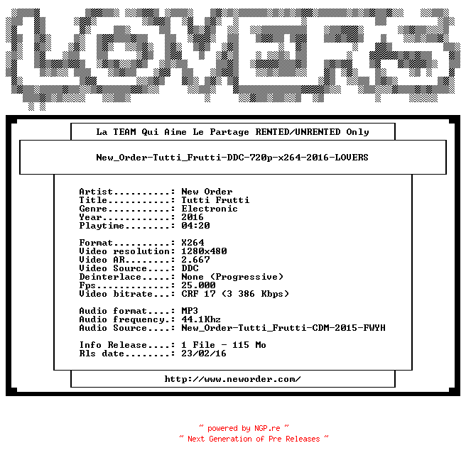 NFO for the release New_Order-Tutti_Frutti-DDC-720p-x264-2016-LOVERS by LOVERS