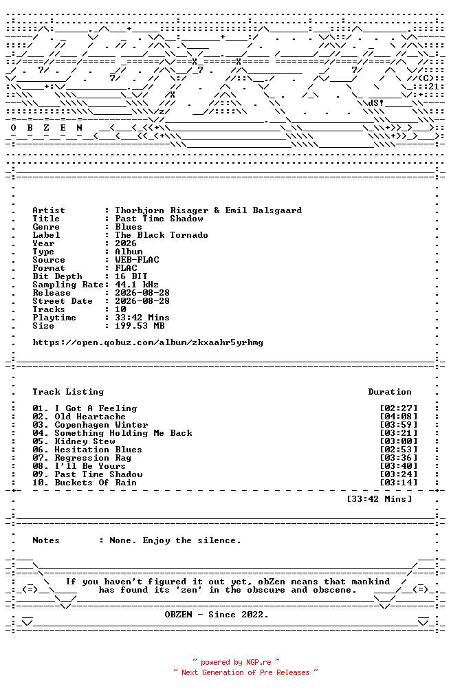 NFO for the release Thorbjorn_Risager_and_Emil_Balsgaard-Past_Time_Shadow-16BIT-WEB-FLAC-2026-OBZEN by OBZEN