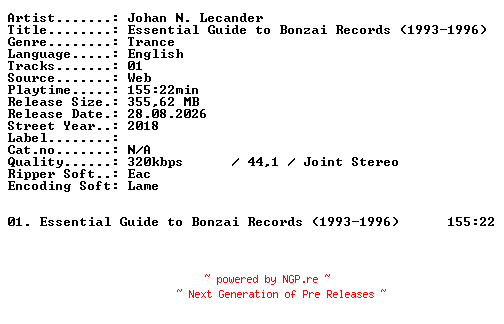 NFO for the release Johan_N_Lecander-Essential_Guide_to_Bonzai_Records_(1993-1996)-WEB-2018-XTC_iNT by XTC_iNT