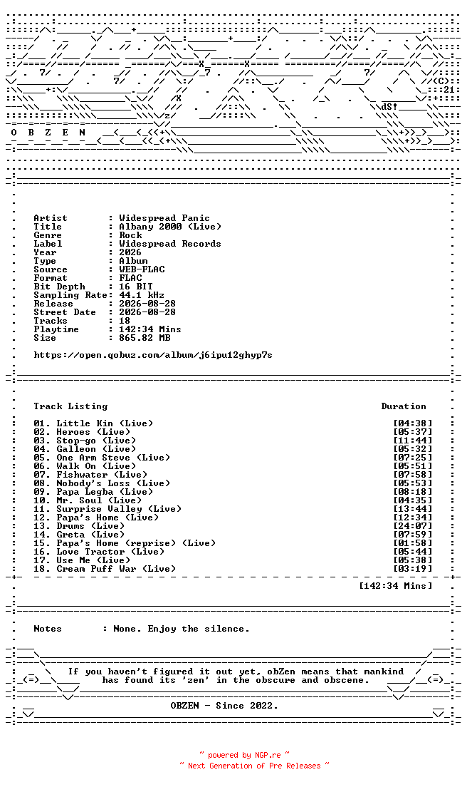 NFO for the release Widespread_Panic-Albany_2000_(Live)-16BIT-WEB-FLAC-2026-OBZEN by OBZEN