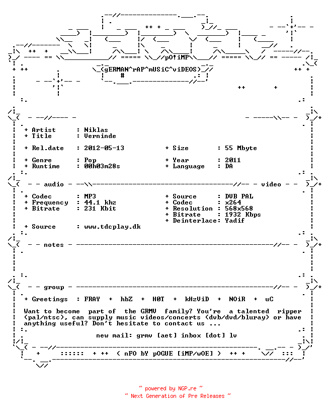 NFO for the release Niklas-Verninde-x264-DA-2011-GRMV by GRMV