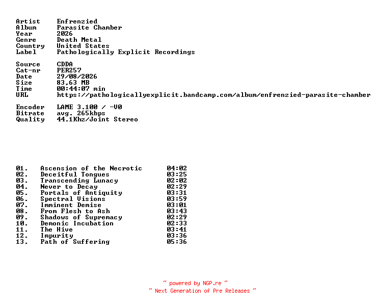 NFO for the release Enfrenzied-Parasite_Chamber-CD-2026-DiTCH by DiTCH