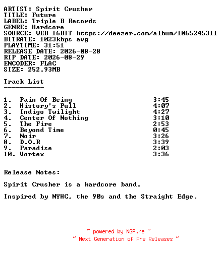 NFO for the release Spirit_Crusher-Future-16BIT-WEB-FLAC-2026-SDR by SDR
