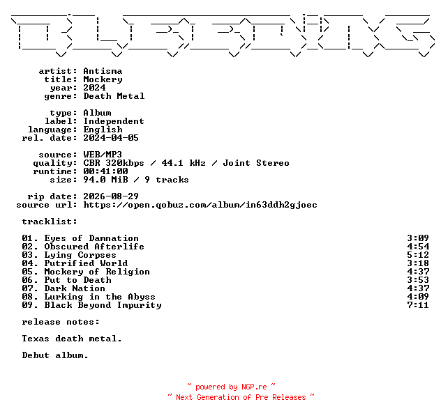 NFO for the release Antisma-Mockery-WEB-2024-BLEEDiNG by BLEEDiNG