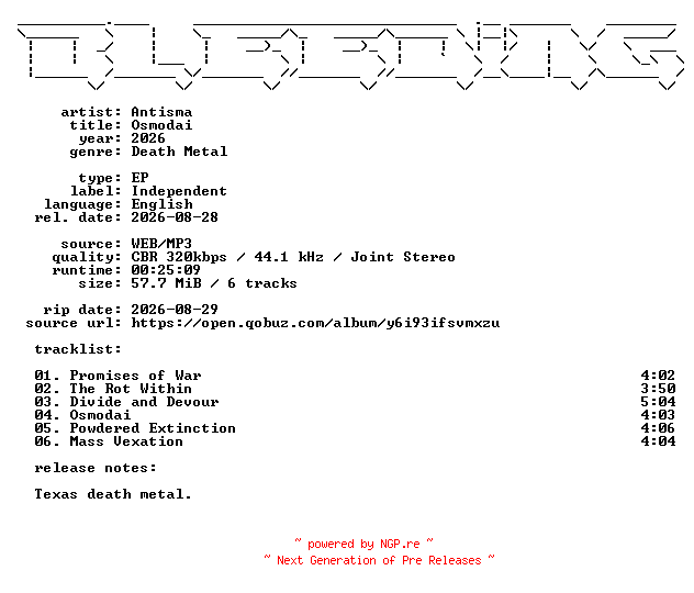 NFO for the release Antisma-Osmodai-EP-WEB-2026-BLEEDiNG by BLEEDiNG