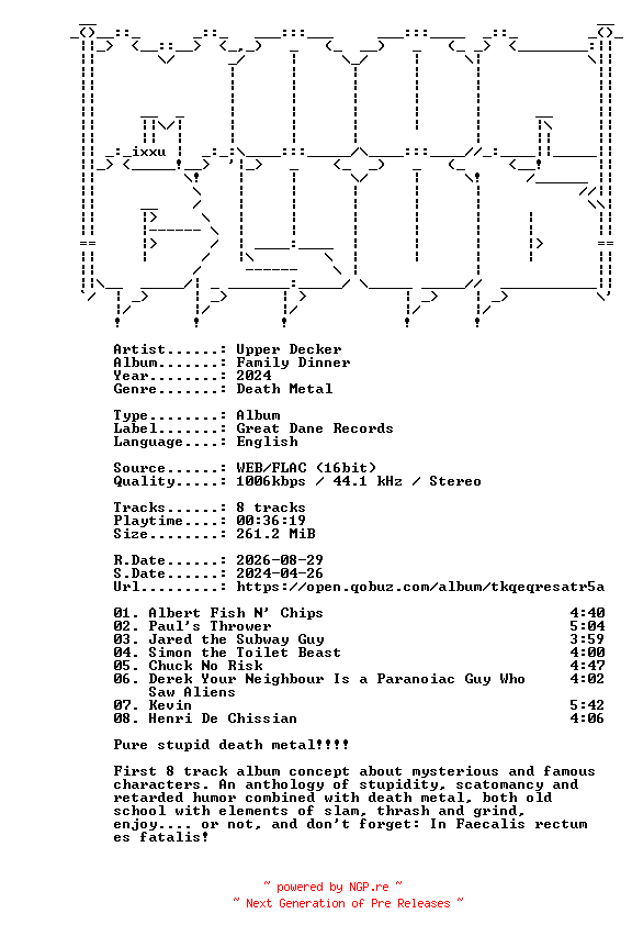 NFO for the release Upper_Decker-Family_Dinner-16BIT-WEB-FLAC-2024-MOONBLOOD by MOONBLOOD