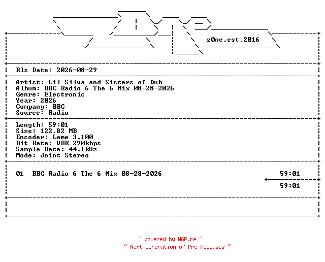 NFO for the release Lil_Silva_and_Sisters_of_Dub-BBC_Radio_6_The_6_Mix-DAB-08-28-2026-z0ne by z0ne