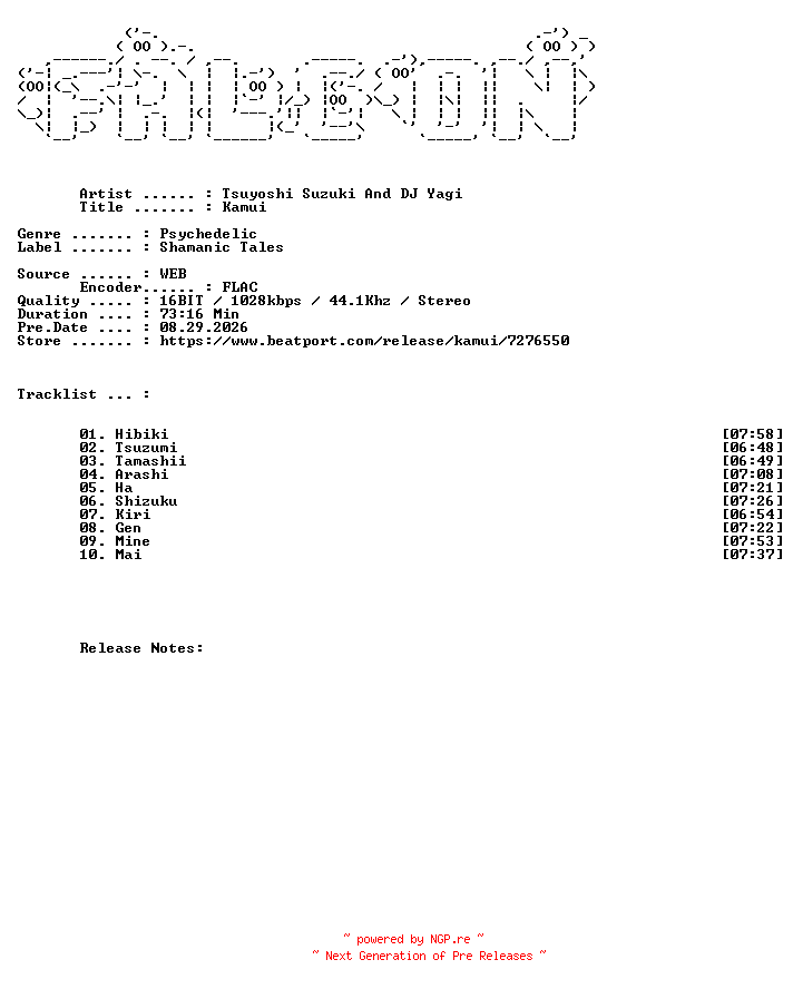 NFO for the release Tsuyoshi_Suzuki_And_DJ_Yagi-Kamui-(SHAMAN190)-16BIT-WEB-FLAC-2026-FALCON by FALCON