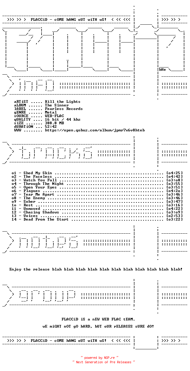 NFO for the release Kill_the_Lights-The_Sinner-DELUXE_EDITION-16BIT-WEB-FLAC-2022-FLACCiD by FLACCiD