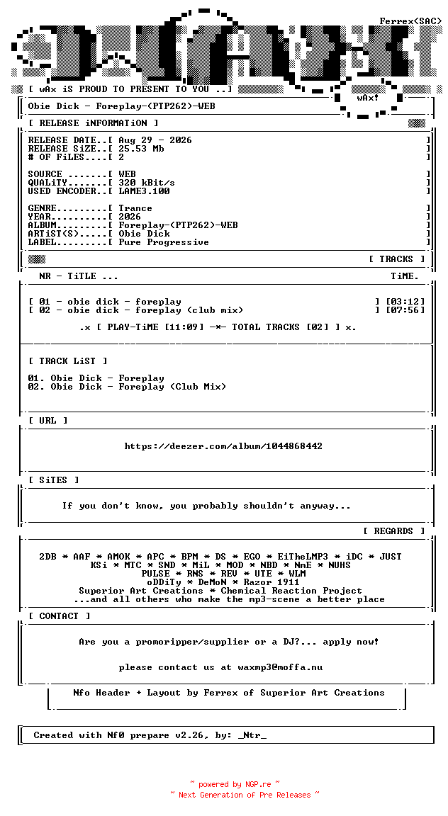 NFO for the release Obie_Dick-Foreplay-(PTP262)-WEB-2026-wAx by wAx