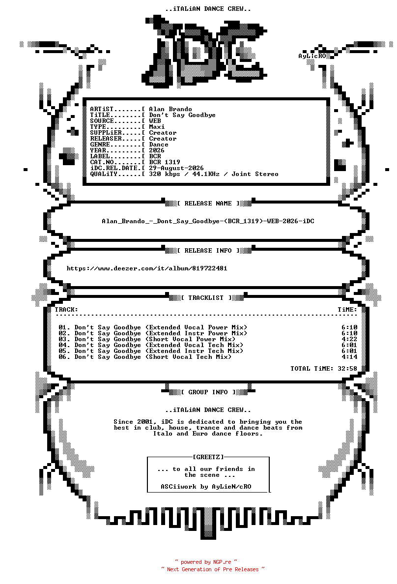 NFO for the release Alan_Brando_-_Dont_Say_Goodbye-(BCR_1319)-WEB-2026-iDC by iDC