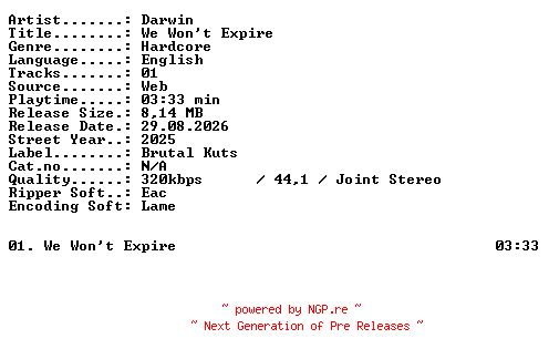NFO for the release Darwin-We_Wont_Expire-SINGLE-WEB-2025-XTC_iNT by XTC_iNT