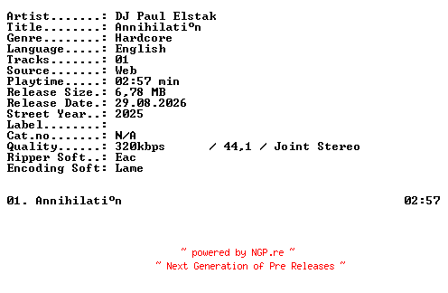 NFO for the release DJ_Paul_Elstak-Annihilatin-SINGLE-WEB-2025-XTC_iNT by XTC_iNT