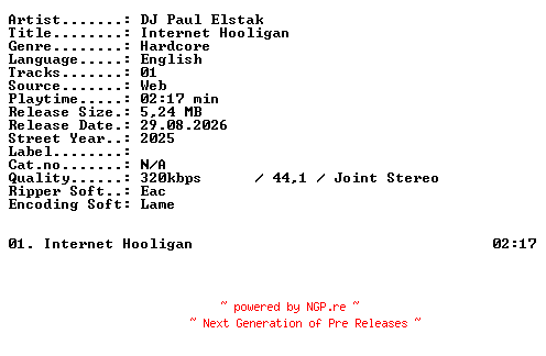 NFO for the release DJ_Paul_Elstak-Internet_Hooligan-SINGLE-WEB-2025-XTC_iNT by XTC_iNT