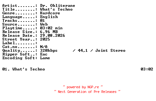 NFO for the release Dr_Obliterane-Whats_Techno-SINGLE-WEB-2025-XTC_iNT by XTC_iNT