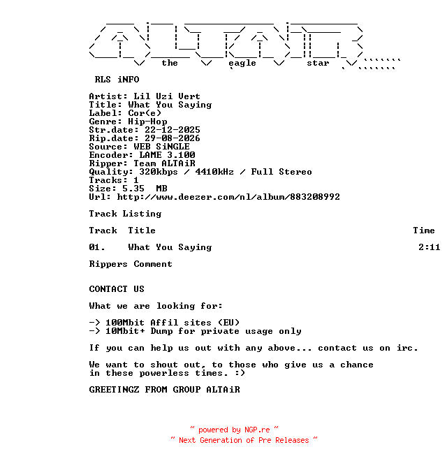 NFO for the release Lil_Uzi_Vert_-_What_You_Saying-SINGLE-WEB-2025-ALTAiR by ALTAiR