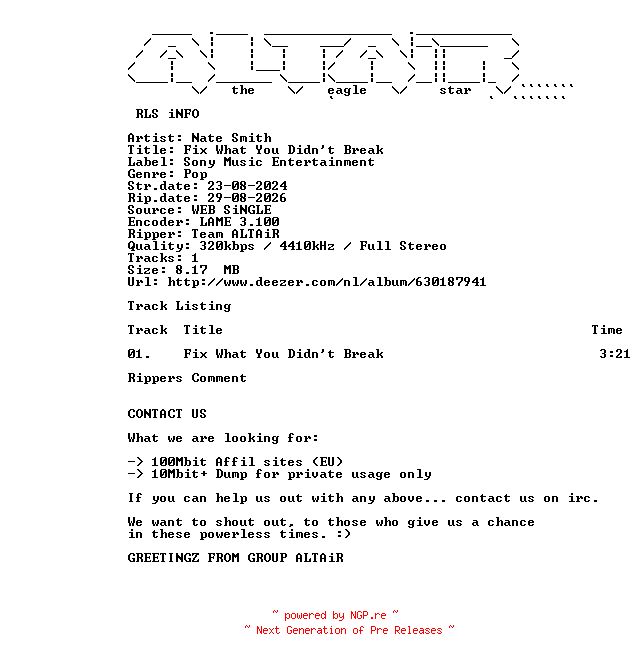 NFO for the release Nate_Smith_-_Fix_What_You_Didnt_Break-SINGLE-WEB-2024-ALTAiR by ALTAiR