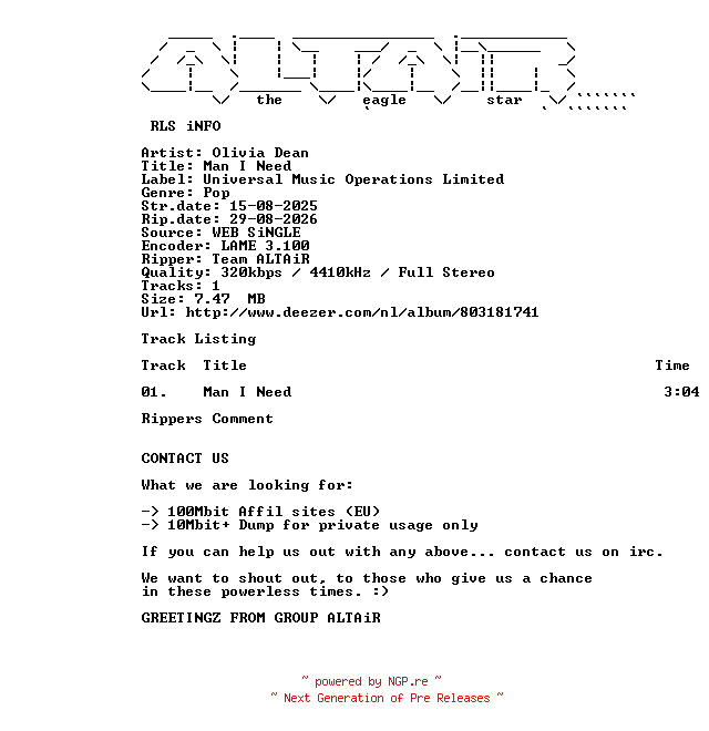 NFO for the release Olivia_Dean_-_Man_I_Need-SINGLE-WEB-2025-ALTAiR by ALTAiR
