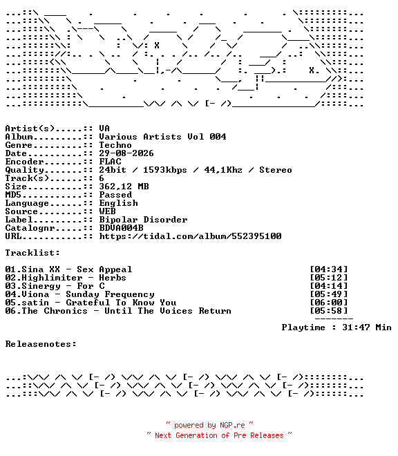 NFO for the release VA-Various_Artists_Vol_004-BDVA004B-24BIT-WEB-FLAC-2026-WAVED by WAVED