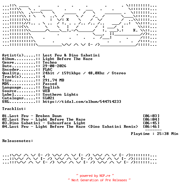 NFO for the release Lost_Few_And_Dino_Sabatini-Light_Before_The_Haze-SL021-24BIT-WEB-FLAC-2026-WAVED by WAVED