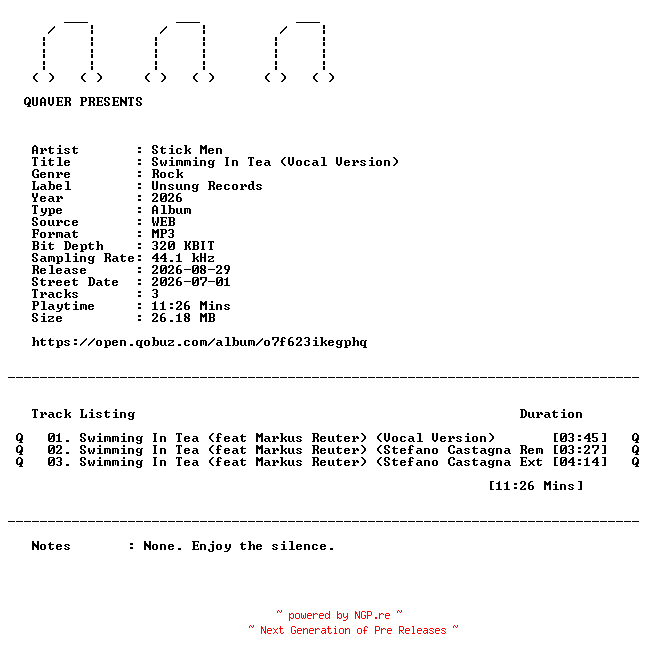 NFO for the release Stick_Men-Swimming_In_Tea_(Vocal_Version)-EP-WEB-2026-QUAVER by QUAVER