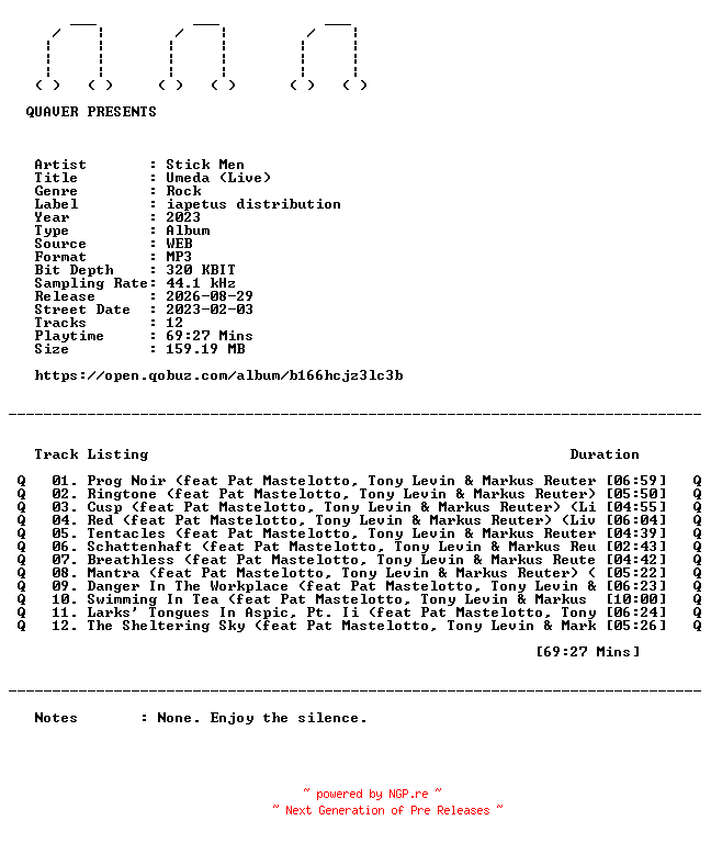 NFO for the release Stick_Men-Umeda_(Live)-WEB-2023-QUAVER by QUAVER
