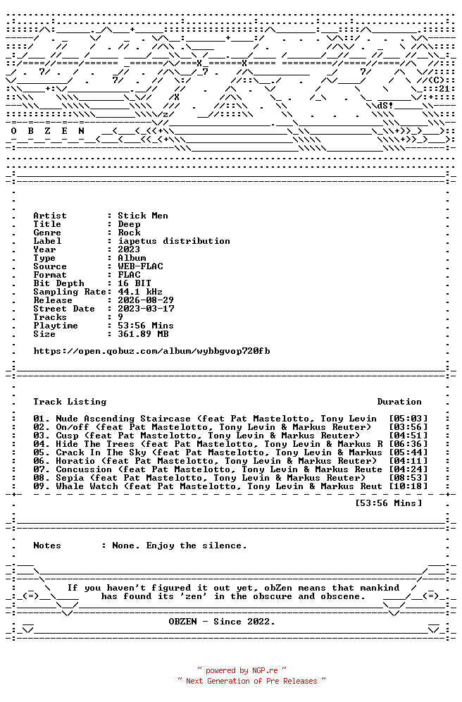 NFO for the release Stick_Men-Deep-16BIT-WEB-FLAC-2023-OBZEN by OBZEN