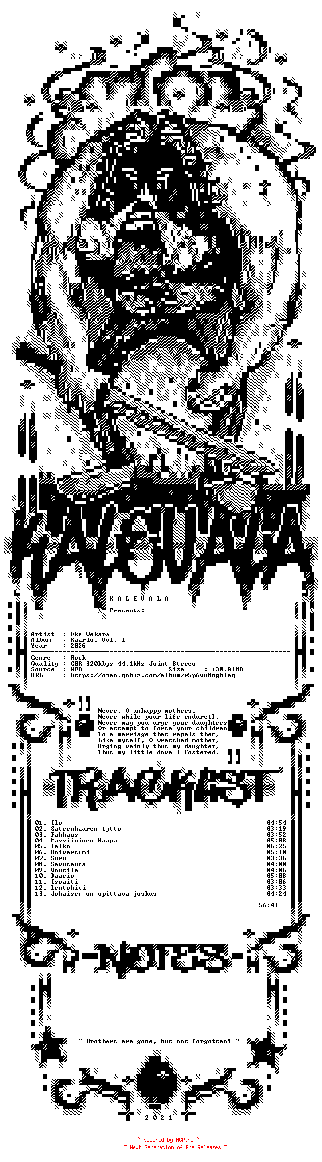 NFO for the release Eka_Wekara-Kaario_Vol._1-WEB-FI-2026-KALEVALA by KALEVALA