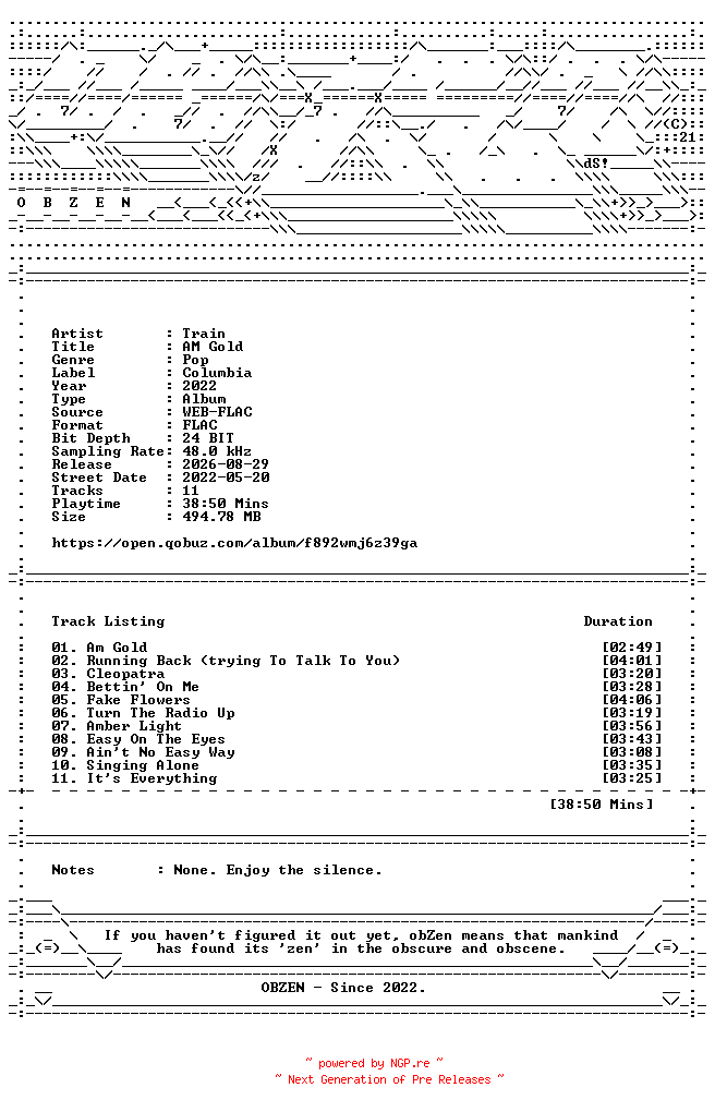 NFO for the release Train-AM_Gold-24BIT-48KHZ-WEB-FLAC-2022-OBZEN by OBZEN
