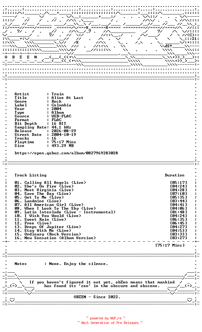 NFO for the release Train-Alive_At_Last-16BIT-WEB-FLAC-2004-OBZEN by OBZEN