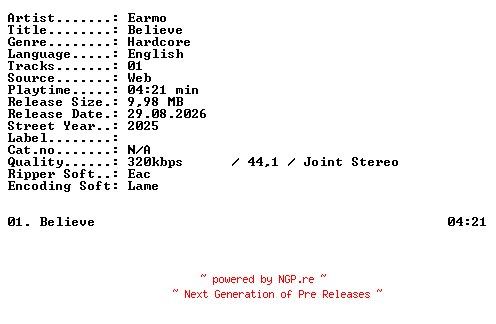 NFO for the release Earmo-Believe-SINGLE-WEB-2025-XTC_iNT by XTC_iNT