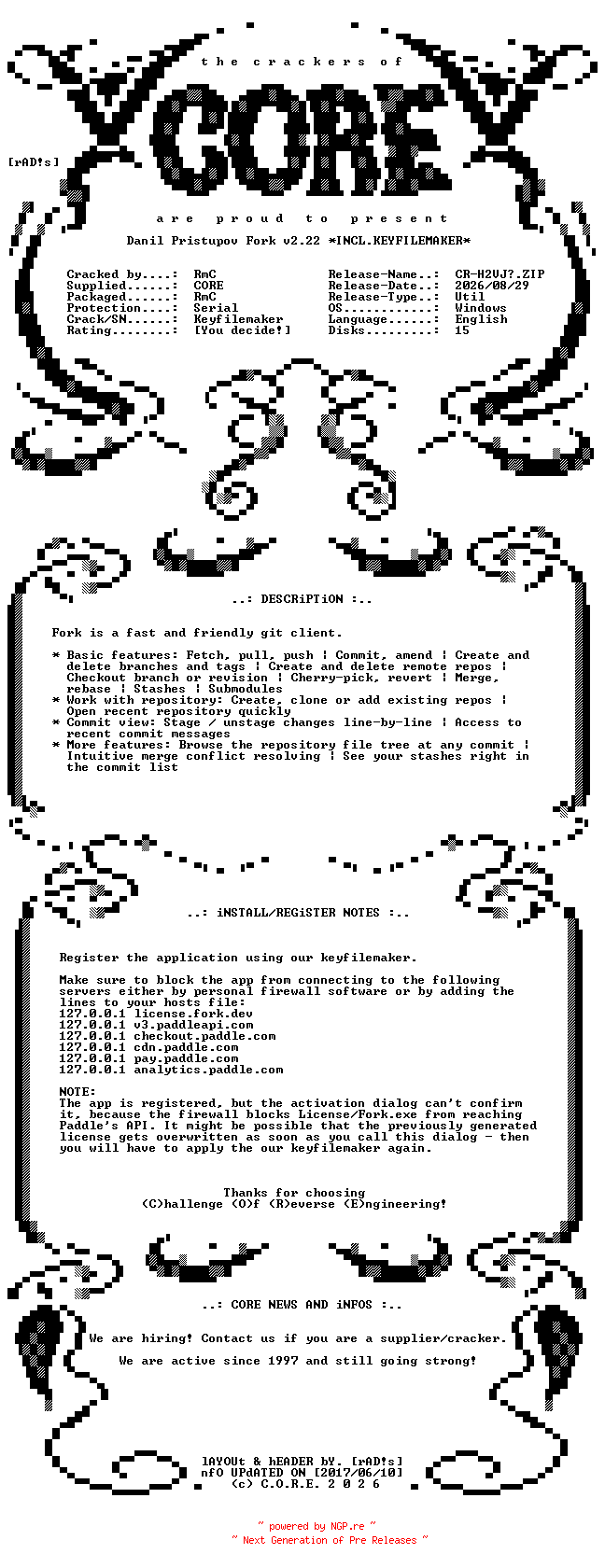 NFO for the release Danil.Pristupov.Fork.v2.22.x64.Incl.Keyfilemaker-CORE by CORE