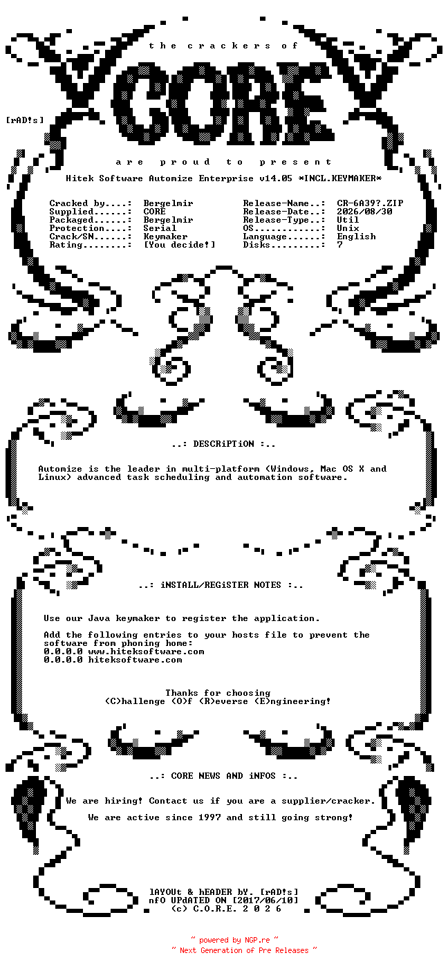 NFO for the release Hitek.Software.Automize.Enterprise.v14.05.Unix.Incl.Keymaker-CORE by CORE